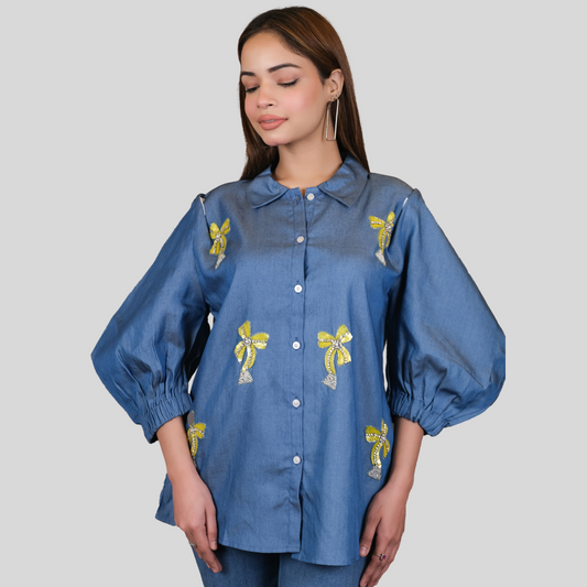 Denim Shirt With ribbon Embroidery